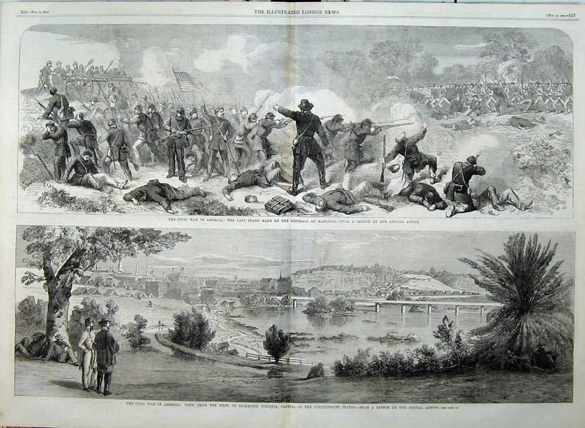 Antique Old Print 1862 Civil War America Ricmond Virginia Battle Federals 19th