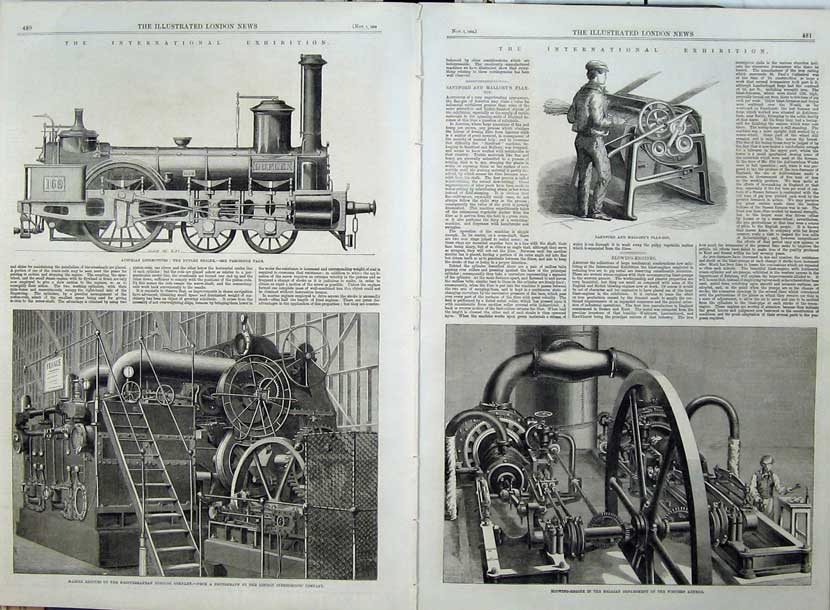 Original Old Antique Print Duplex Engine Marine 1862 Sanford Flax-Gin Blowing