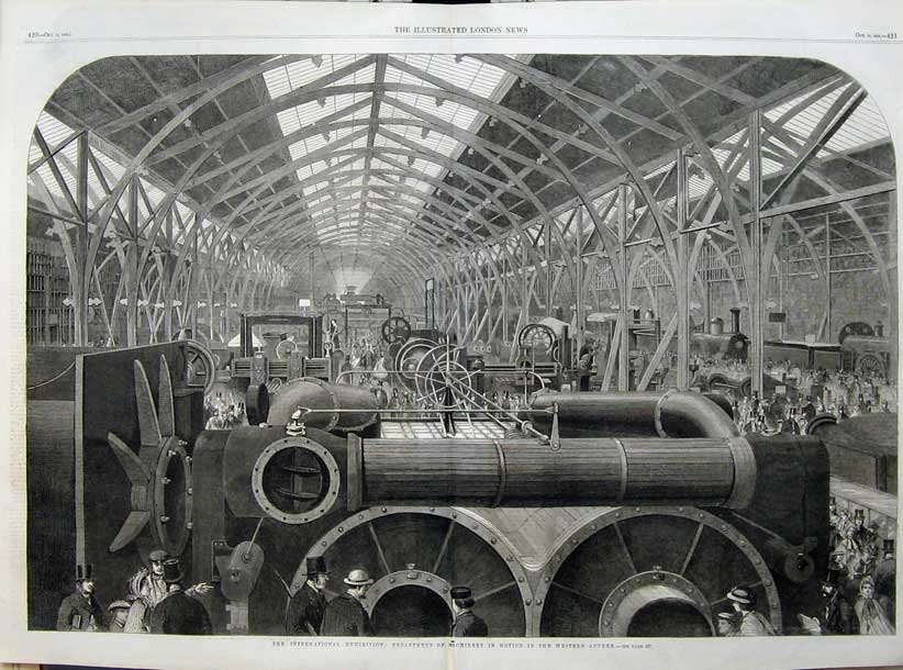 Old Antique Print 1862 Machinery Internation Exhibition Western Annexe 19th