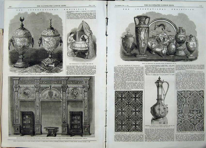 Old Antique Print 1862 Cups Ostrich Eggs Furniture Wedgwood Jug Claret 19th