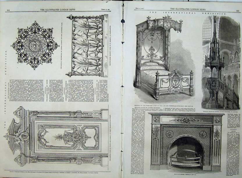 Antique Old Print Ornamental Door 1862 Bedstead Stove Belgian Pulpit Heal 19th