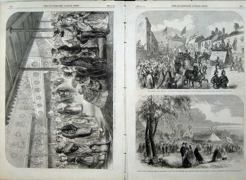 Old Antique Print 1862 Preston Guild Festival Costume Ball Festival Arch 19th
