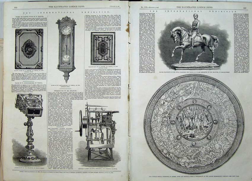 Antique Old Print Outram Shield Statuette Prince Wales 1862 Machine Clock 19th