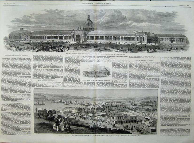 Original Old Antique Print Paris Exhibition Building 1862 Town Harbour Dunedin