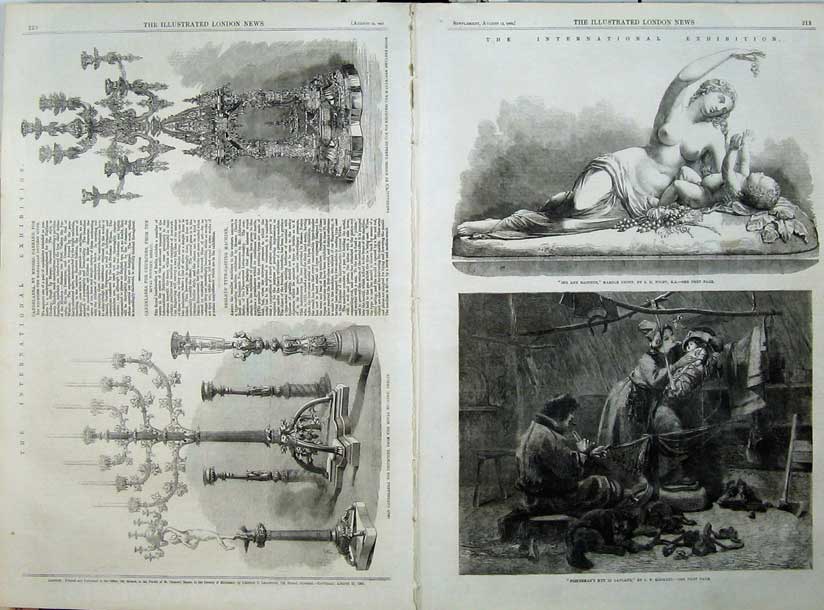 Old Antique Print 1862 Iron Candelabra Fisherman Hut Lapland Dog Marble 19th