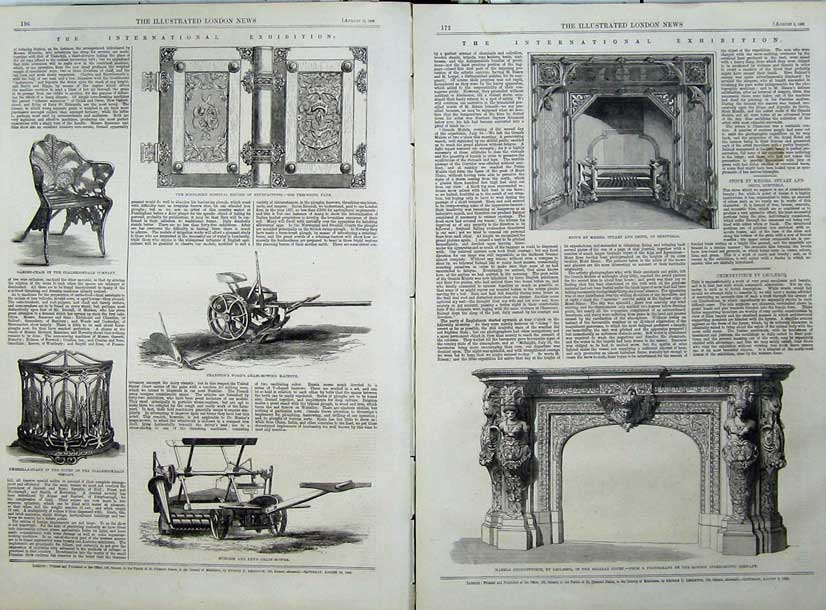 Old Antique Print 1862 Marble Chimneypiece Grain-Mower Stove Machinery 19th