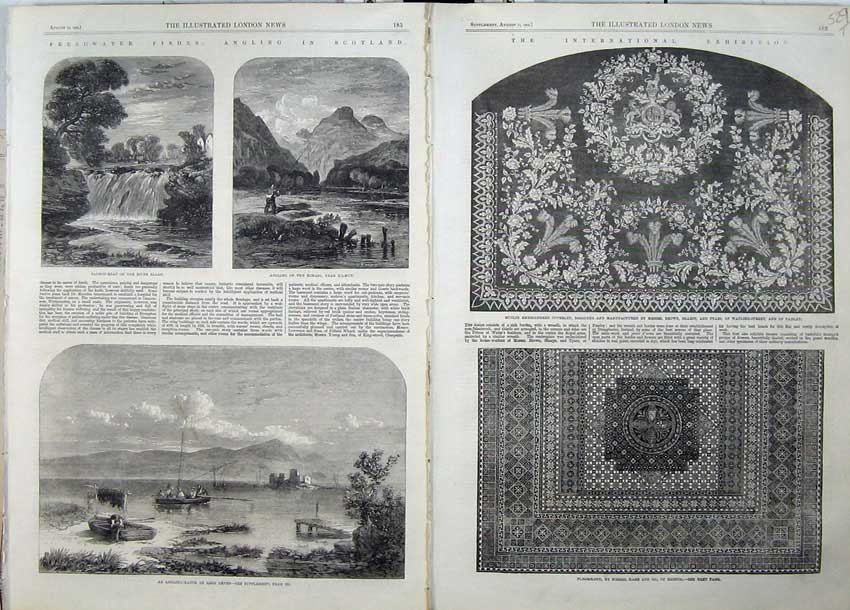 Old Antique Print 1862 Floorcloth Muslin Embroidery Fish Salmon Scotland 19th