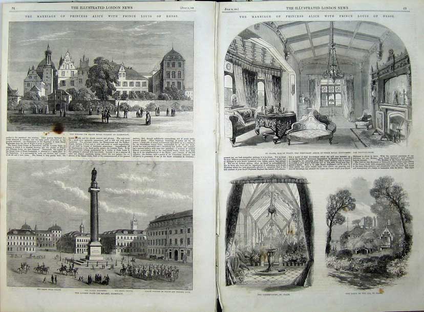 Old Antique Print 1862 Ducal Palace Darmstadt Louisen Platz Wight Clare 19th