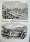 Original Old Antique Print 1863 Vale Llanrwst Oxford Commemoration Boats River