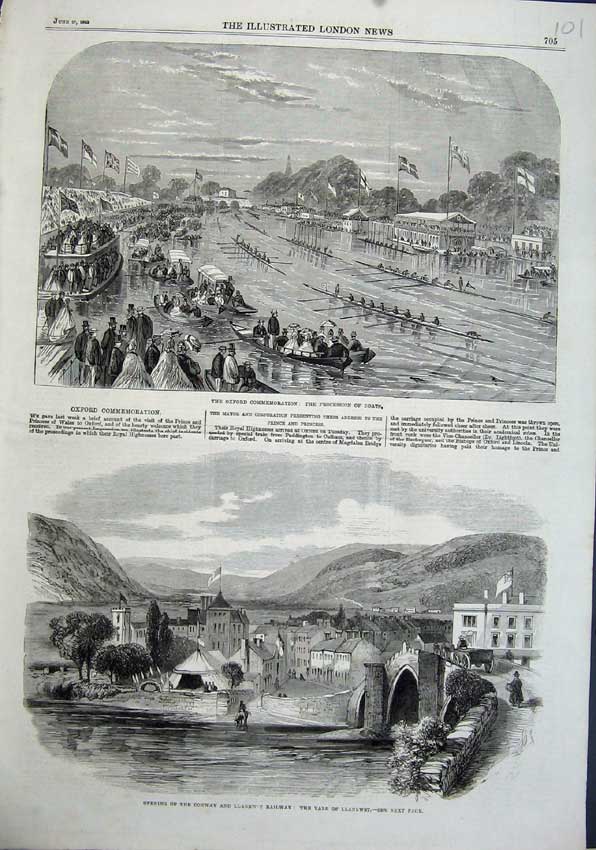 Original Old Antique Print 1863 Vale Llanrwst Oxford Commemoration Boats River