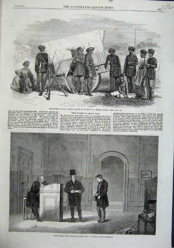 Original Old Antique Print 1863 Olympic Theatre Sholapore Indian Police Hindoo