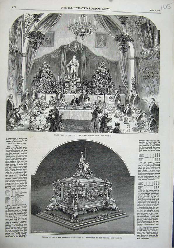 Original Old Antique Print 1863 Royal Banquet Dinner Casket Freedom City Prince