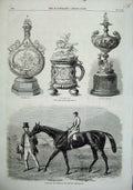 Original Old Antique Print 1863 Buckstone Ascot Cup Horse Queen Vase Royal Hunt