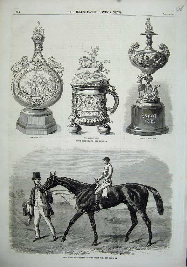 Original Old Antique Print 1863 Buckstone Ascot Cup Horse Queen Vase Royal Hunt