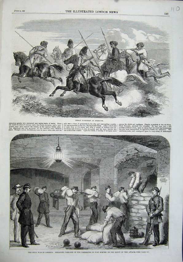 Old Antique Print 1863 Herat Horsemen Civil War America Fort Sumter Men 19th