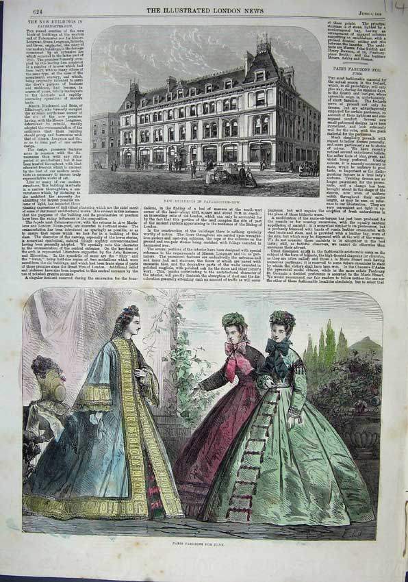 Original Old Antique Print 1863 Buildings Paternoster-Row Paris Fashion Dresses