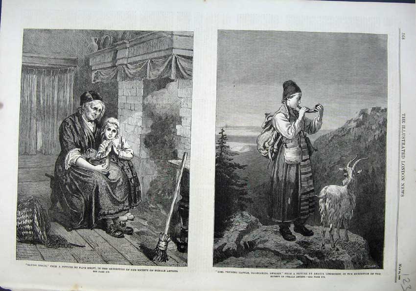 Original Old Antique Print 1863 Lady Girl Saying Grace Tending Cattle Sweden