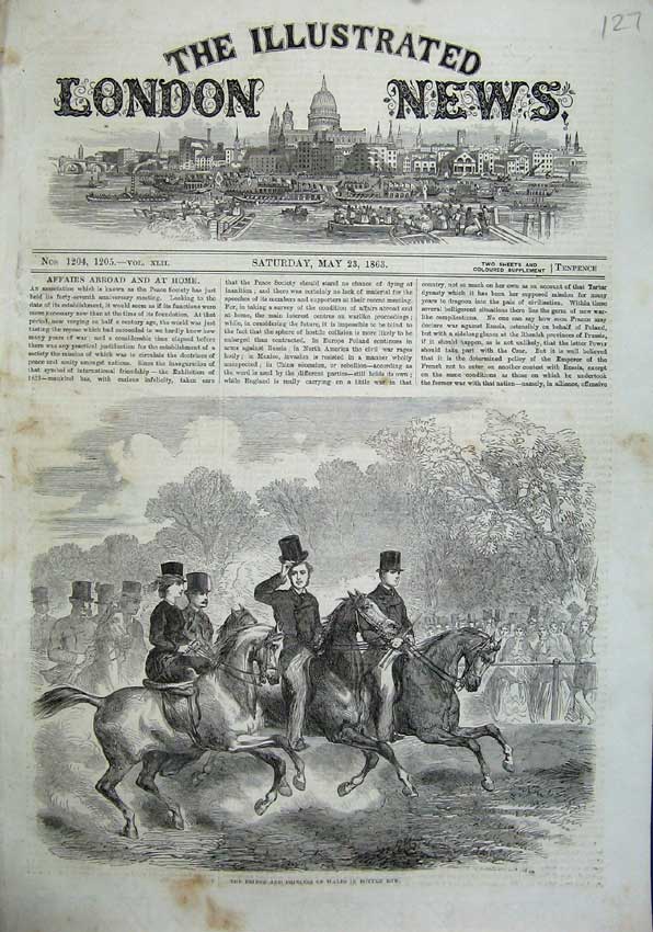 Original Old Antique Print 1863 Prince Princess Wales Rotten Row Horses Hunting