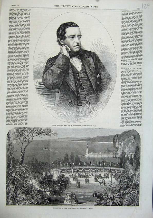Original Old Antique Print 1863 Earl Grey Ripon Secretary State War Garden Nice