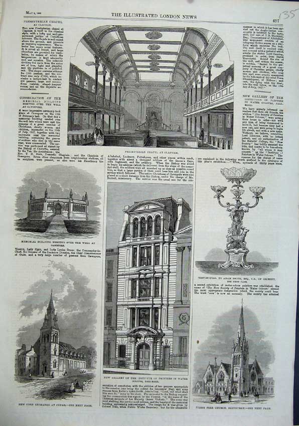 Old Antique Print 1863 Corn Exchange Cupar Presbyterian Chapel Edinburgh 19th