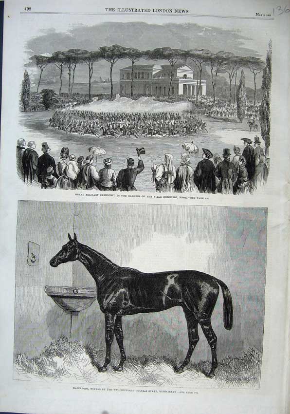 Old Antique Print 1863 Military Carrousel Garden Borghese Rome Maccaroni 19th