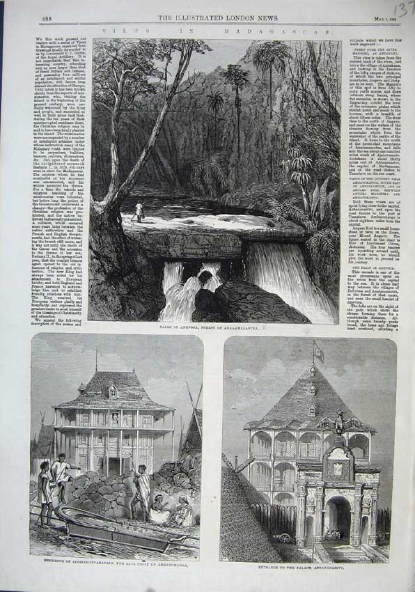 Original Old Antique Print 1863 Falls Anevoca Forest Analamazaotra Palace Chief