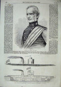 Original Old Antique Print 1863 Field Marshal Lord Seaton Gun-Boat Weehawken