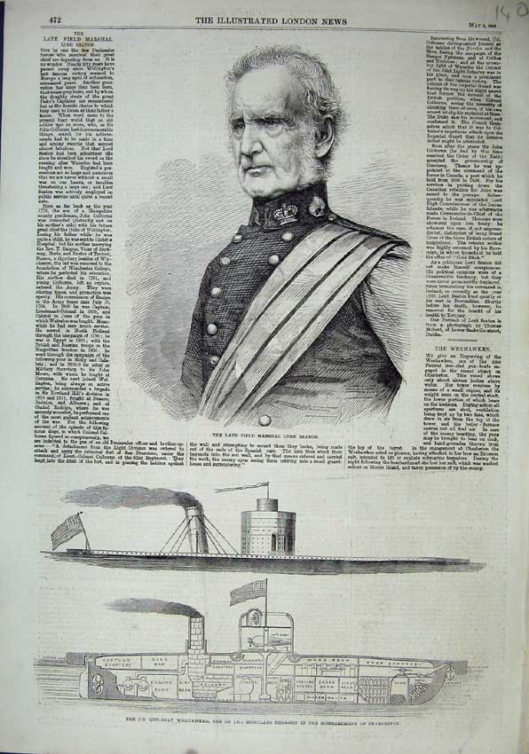Original Old Antique Print 1863 Field Marshal Lord Seaton Gun-Boat Weehawken