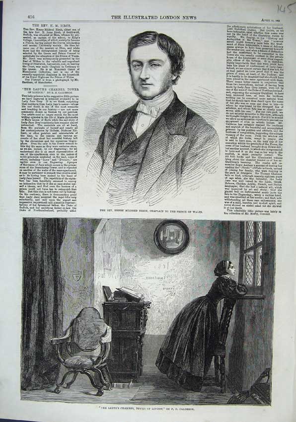 Old Antique Print Henry Mildred Chaplain 1863 Ladye Chamber Tower London 19th
