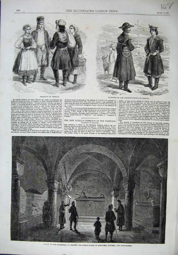 Old Antique Print 1863 Cathedral Cracow Vaults Sobieski Peasants Podilia 19th