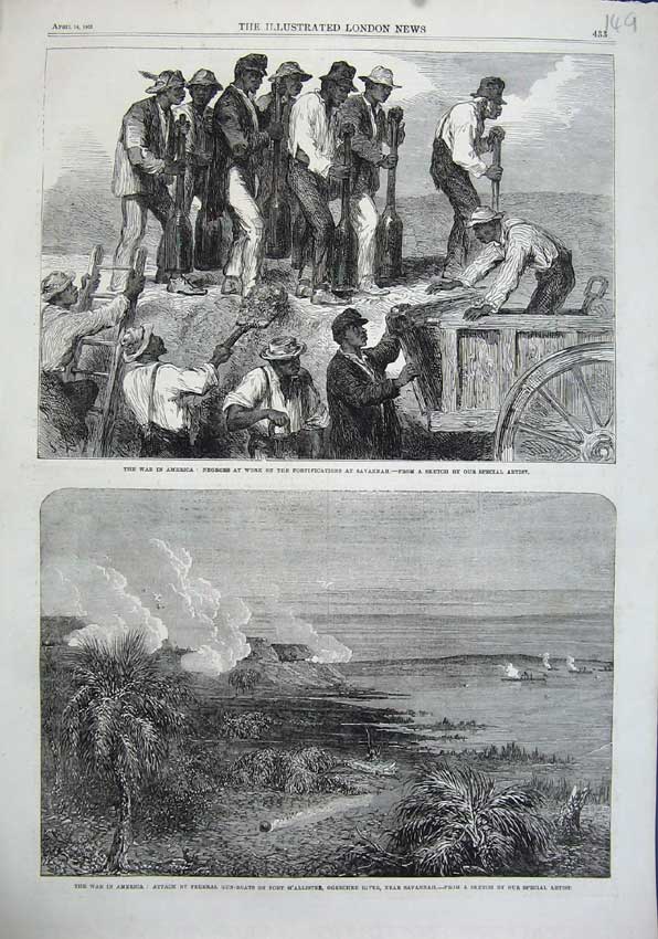Old Antique Print 1863 War America Negroes Savanah Fort M'Allister River 19th