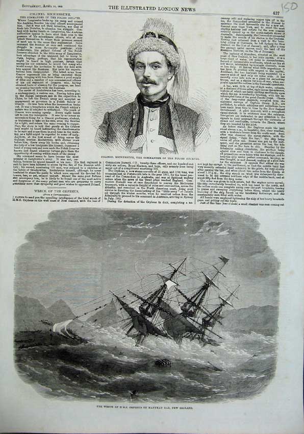 Original Old Antique Print 1863 Colonel Rochebrune Polish Wreck Orpheus Manukau