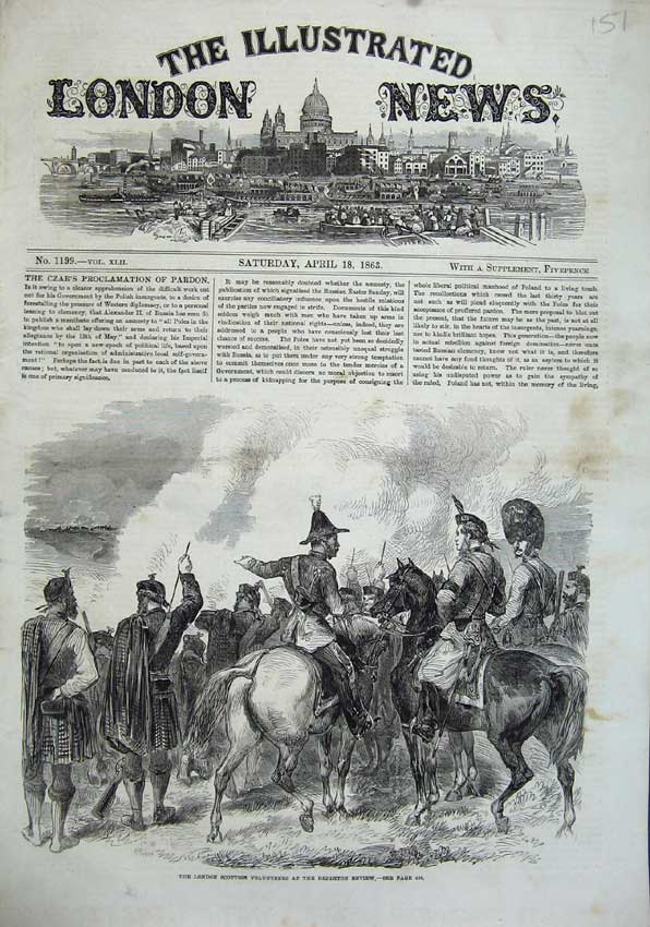 Original Old Antique Print 1863 London Scottish Volunteers Brighton Men Horses