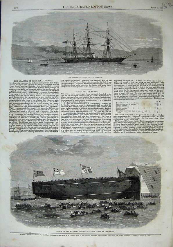 Old Antique Print 1863 Alabama Port Royal Jamaica Ship Frigate Ocean Boat 19th