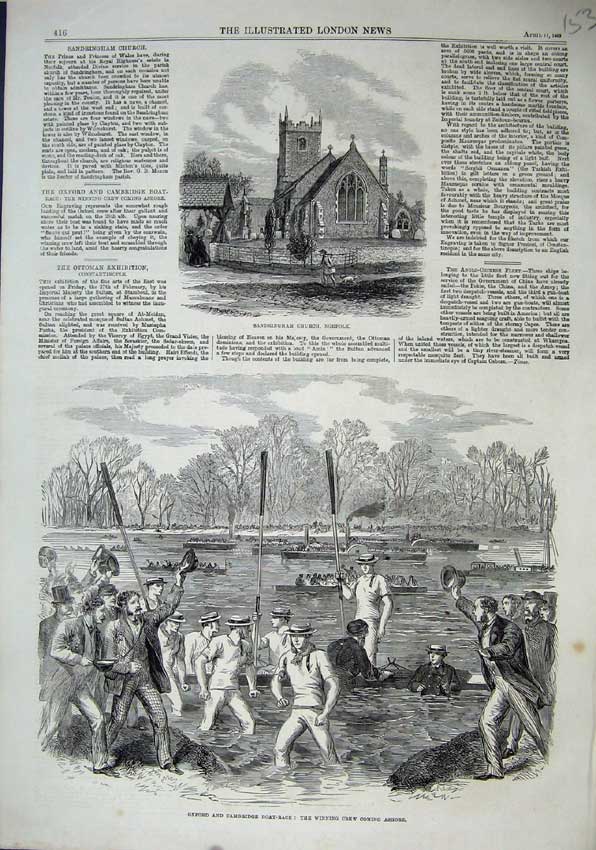 Original Old Antique Print 1863 Sandringham Church Oxford Cambridge Boat Race
