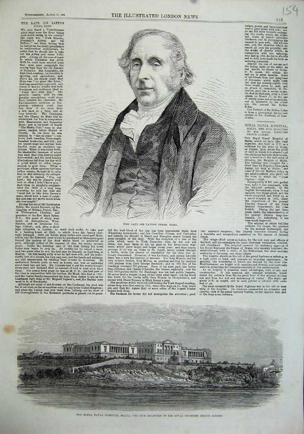 Original Old Antique Print 1863 Tatton Sykes Naval Hospital Malta Prince Alfred