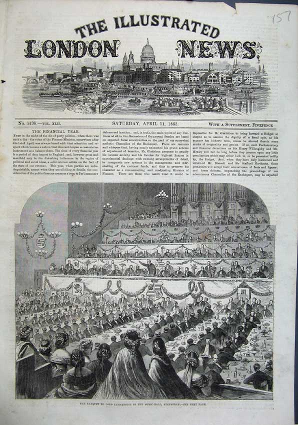 Original Old Antique Print 1863 Banquet Lord Palmerston Music-Hall Edinburgh