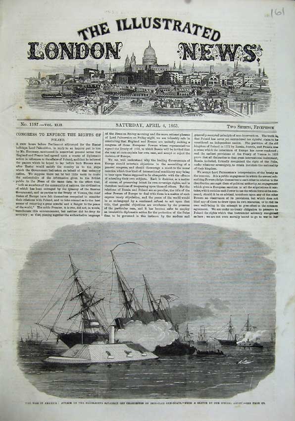 Old Antique Print 1863 War America Attack Ship Squadron Iron-Clad Boats 19th