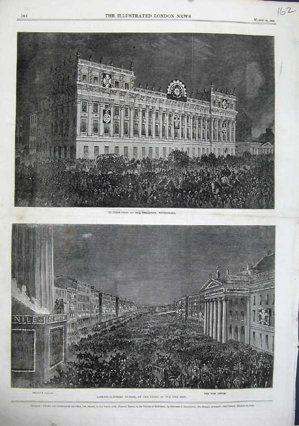 Old Antique Print 1863 Treasury Whitehall Dublin Sackville Nelson Pillar 19th