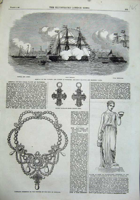 Old Antique Print 1863 Victoria Albert Ship Defence Statue Hebe Necklace 19th