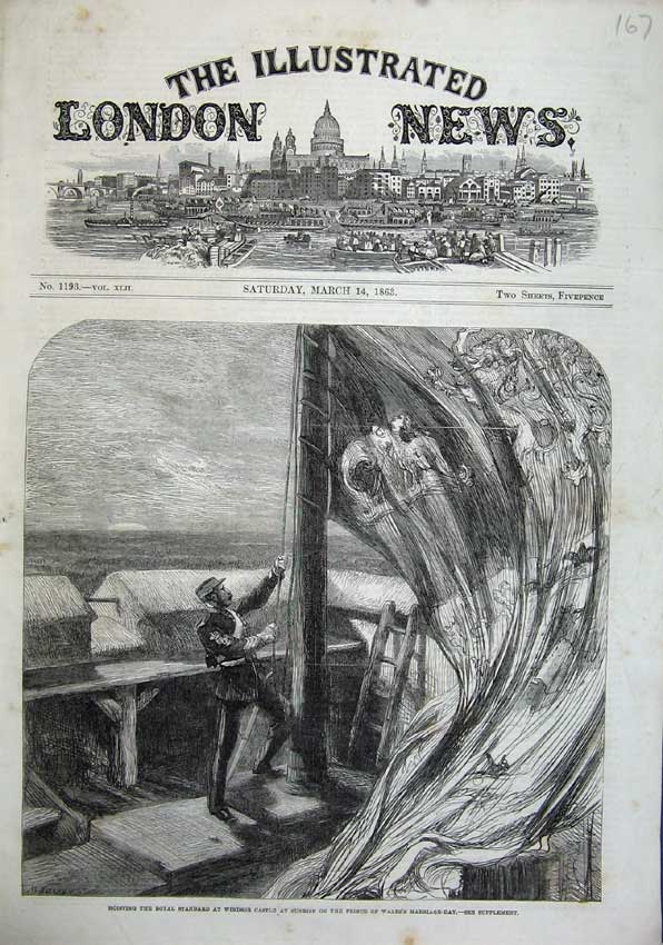 Old Antique Print 1863 Hoisting Royal Standard Flag Windsor Castle Wales 19th