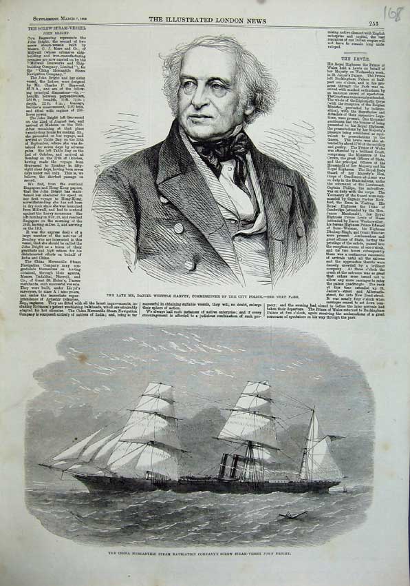 Old Antique Print 1863 Daniel Harvey City Police China Ship John Bright 19th