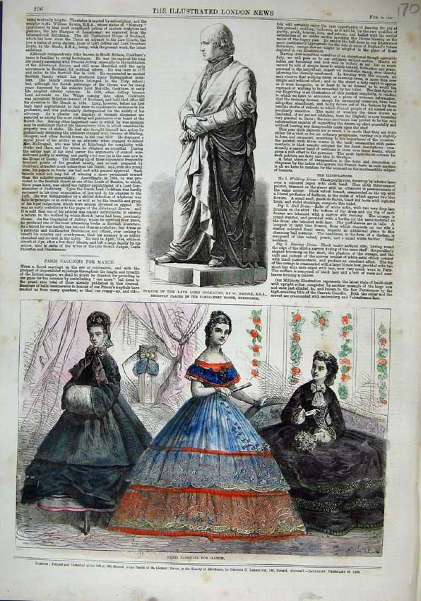 Old Antique Print 1863 Statue Lord Cockburn Brodie Paris Fashion Dresses 19th