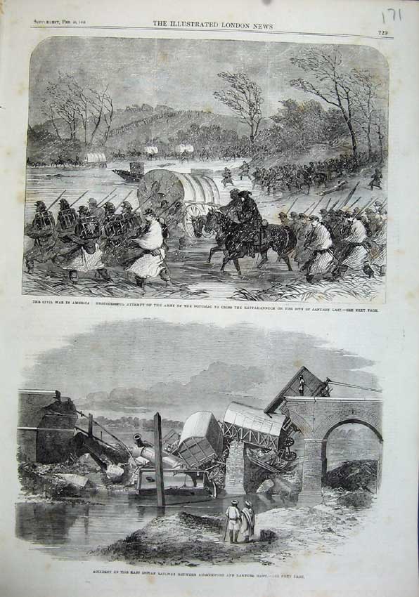 Old Antique Print 1863 Civil War America Potomac Indian Railway Accident 19th