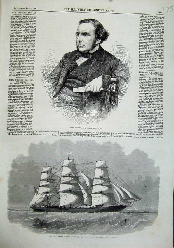 Original Old Antique Print 1863 John Pender Totnes Indian Clipper Ship Seaforth