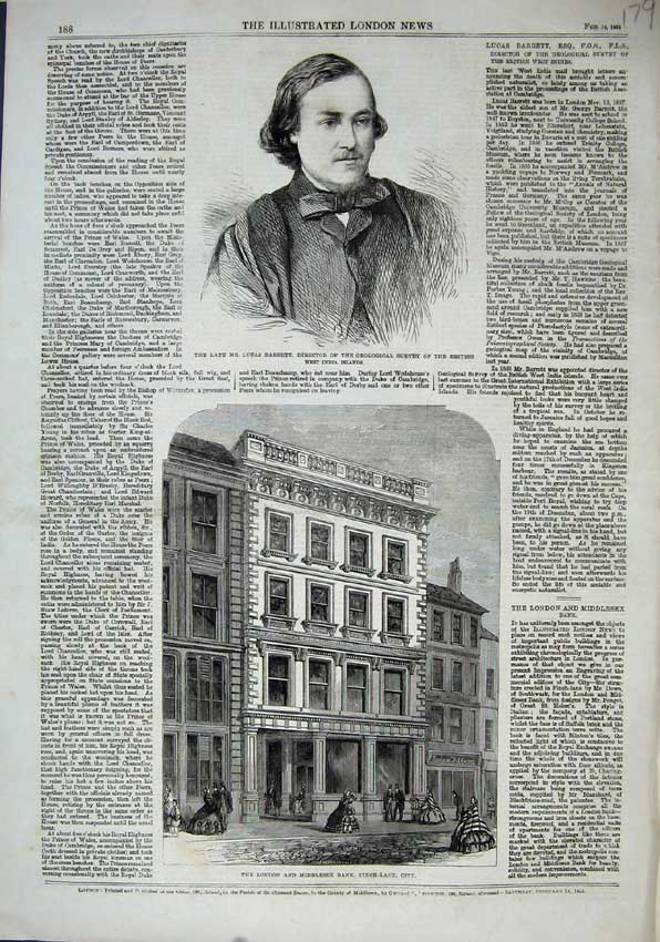 Original Old Antique Print 1863 Lucas Barrett Geological London Bank Finch-Lane