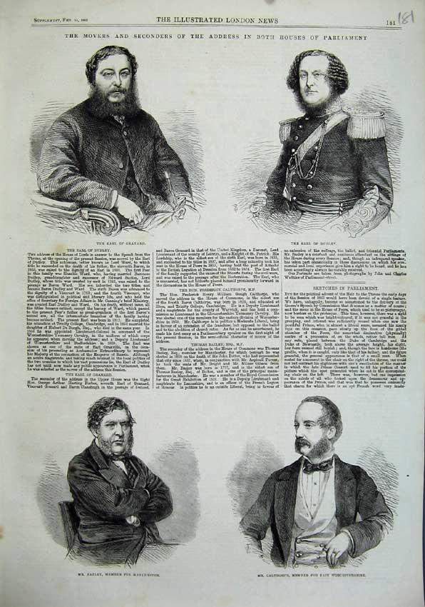 Original Old Antique Print 1863 Earl Granard Dudley Bazley Calthorpe Parliament