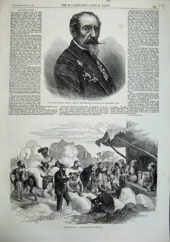 Original Old Antique Print 1863 Horace Vernet Suez Canal Cotton Market Zagazig
