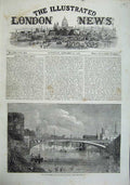 Old Antique Print 1863 Iron Bridge River Ouse Lendal York Boats Buildings 19th