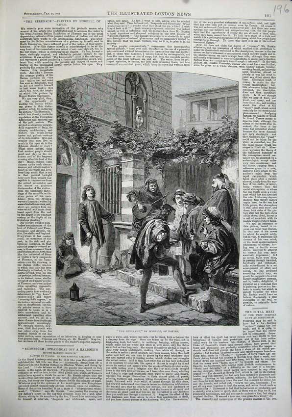 Original Old Antique Print 1863 Serenade Morelli Naples Music Men Steps Romance